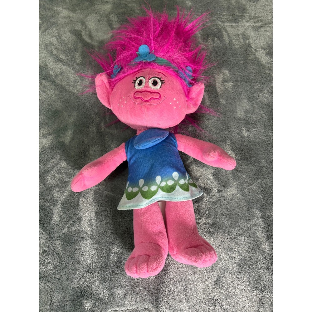 DreamWorks Trolls Poppy Plush Stuffed Toy 16" Pink Hair Blue Floral Headband
